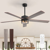 Farmhouse 65-inch Ceiling Fan with Light and Remote, Matte Black Finish, 5 Reversible Blades(Dark Wood Grain & Light Wood Grain), 6-Speed Quiet DC Motor, Dual Downrods (7" & 15"), Glass Lampshade, 2 × E26 Base LED Bulbs Required