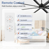 Remote control features for the 72-inch black 8-blade ceiling fan, including six speeds, timer and natural wind mode