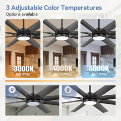 Breezary 72" 8-Blade Silent DC Motor Industrial Ceiling Fan with Integrated LED Light - Black