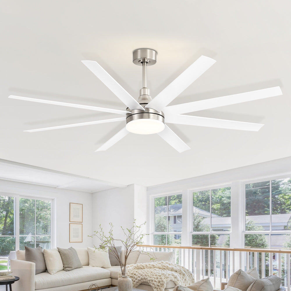 White 8-blade ceiling fan with integrated LED light installed in a bright modern living room