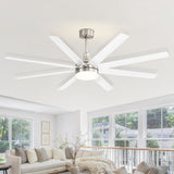 White 8-blade ceiling fan with integrated LED light installed in a bright modern living room
