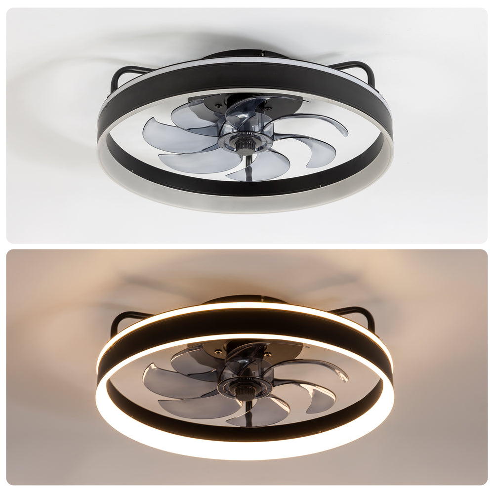 20 inch Black Caged Ceiling Fans with Lights, Low Profile Flush Mount Enclosed Ceiling Fan Remote Control, Reversible DC Motor, Modern Bladeless Ceiling Fan with Led Light for Bedroom