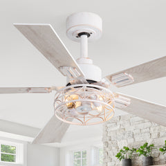 42-inch Ceiling Fan with Distressed White or Matte Black Finish, 5 Reversible Blades, Quiet DC Motor, Remote Control,6" Downrod