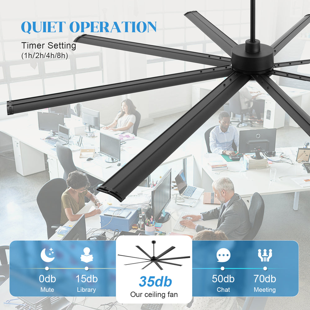 96-inch large black ceiling fan with quiet 35dB operation and 1, 2, 4 or 8-hour timer settings