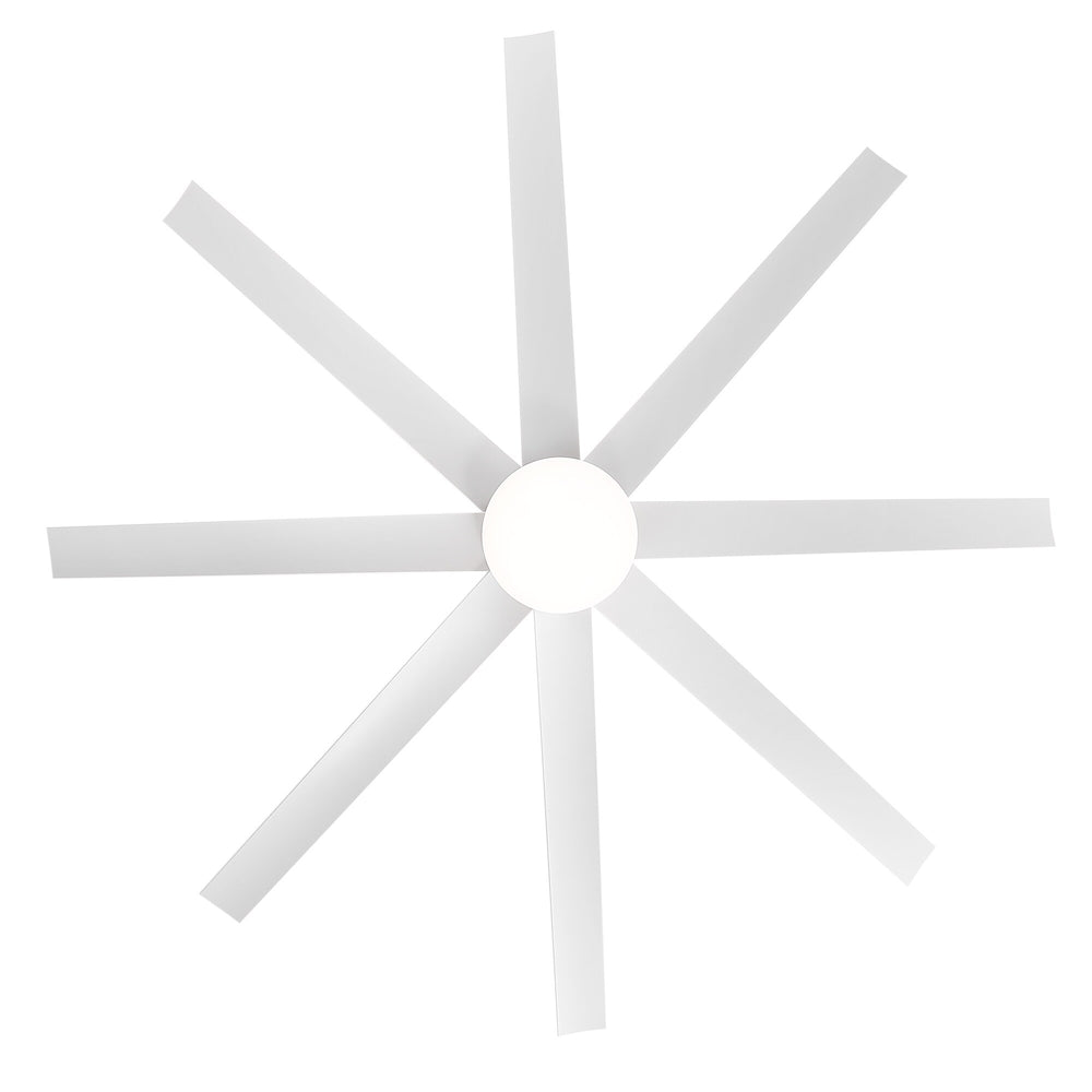Top view of white 8-blade ceiling fan highlighting the evenly spaced blade design