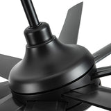Close-up of AeroSpan 65-inch black ceiling fan motor housing, downrod, and blade connections