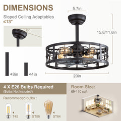 20-inch Matte Black Metal Caged Ceiling Fan with Light and Remote,7 ABS Blades,4in and 8in Downrod Included
