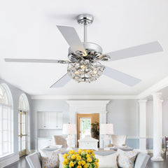 52-Inch Chrome Ceiling Fan with Light, Reversible DC Motor, 6 Speeds Remote Control, 5 Blades, E12 Bulb Base, Downrod Mount