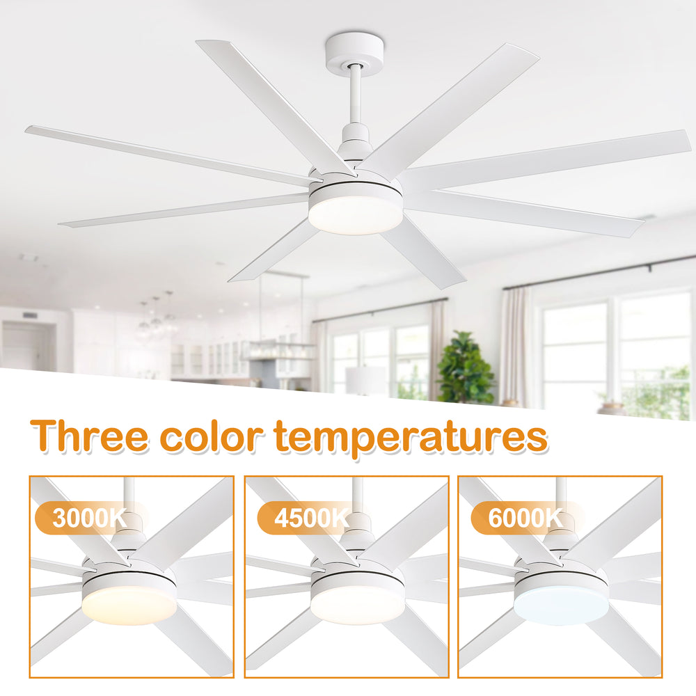 AeroSpan Lux 65-inch white 8-blade ceiling fan with 3000K, 4500K and 6000K light color temperatures