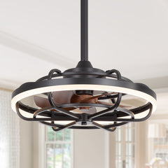 19.7-inch Caged Ceiling Fan with Light – Matte Black Finish, Quiet DC Motor, Remote Control,5 ABS Blades, Dimmable LED with 3 Color Temperatures,2 Downrods Included(6" & 10" )