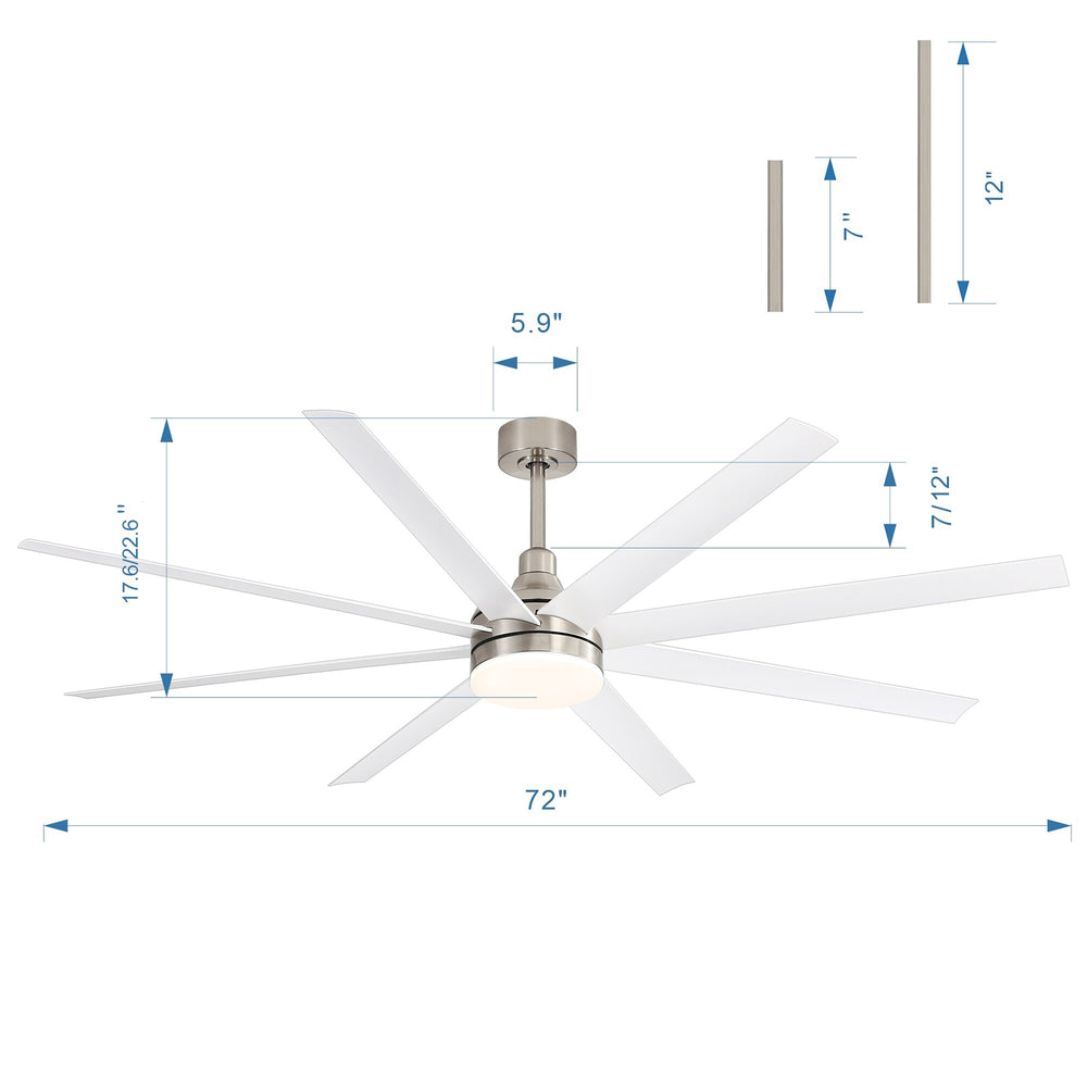 72-inch white 8-blade ceiling fan dimension diagram with 7-inch and 12-inch downrod options