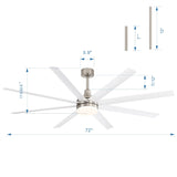 72-inch white 8-blade ceiling fan dimension diagram with 7-inch and 12-inch downrod options