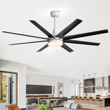 AeroSpan Lux 65-inch black and white 8-blade ceiling fan in a modern open living room