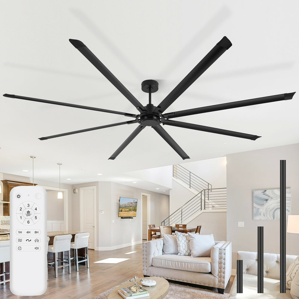 120 Inch Large Industrial Ceiling Fan with 8 Aluminum Blades No Light, Quiet Reversible DC Motor, 6 Speeds, Remote Control, Black, Warehouse Garage Commercial Ceiling Fan