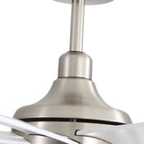 Close-up of brushed nickel ceiling fan downrod and motor housing with white blades