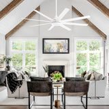 AeroSpan 65-inch white 8-blade ceiling fan in a living room with a vaulted ceiling and exposed wood beams
