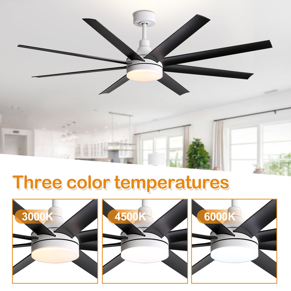 AeroSpan Lux 65-inch black and white 8-blade ceiling fan with 3000K, 4500K and 6000K light color temperatures