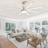 White 8-blade ceiling fan with LED light and brushed nickel housing in a spacious sunlit living room