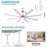 72-Inch Modern Ceiling Fan with Remote, Reversible Powerful DC Motor, 8 Aluminum Blades, 6-Speed, Dual Downrods(7“&24”), LED Light Kit with 3 Color Temps(3000K/4500K/6000K), Black/Gold Black/White/Gold White Finish for Large Room