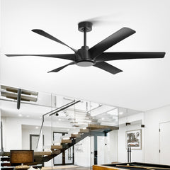 65" Ceiling Fan Without Light,Energy-Efficient DC Motor, 6 Speeds with Forward/Reverse, Remote Control with Timer, Matte Black, 6 ABS Blades,Includes 7" & 12" Downrods