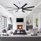 AeroSpan Lux 65-inch black and white 8-blade ceiling fan in a modern living room