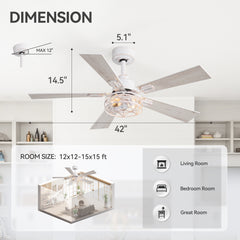 42-inch Ceiling Fan with Distressed White or Matte Black Finish, 5 Reversible Blades, Quiet DC Motor, Remote Control,6" Downrod