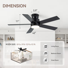 42-inch Flush Mount Ceiling Fan with 5 Reversible Blades, 18W LED Light, Quiet 6-Speed DC Motor, Remote Control & 3 Color Temps (3000K/4500K/6000K)