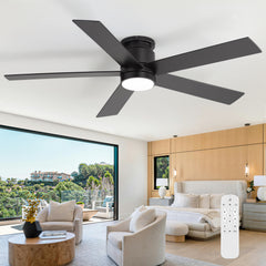 42"/52" Ceiling Fan with Light, Matte Black Finish, 5 Black Blades, Acrylic 18W LED (3 Color Temps with Memory), Quiet DC Motor, 6 Speeds, Forward/Reverse Airflow, Timer, Full Remote Control Included