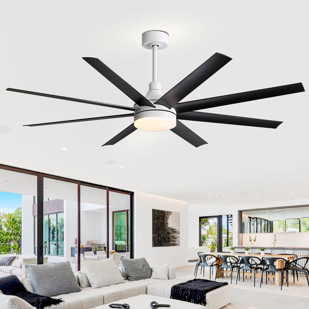 AeroSpan Lux 65-inch black and white 8-blade ceiling fan in a modern open living room