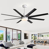 AeroSpan Lux 65-inch black and white 8-blade ceiling fan in a modern open living room