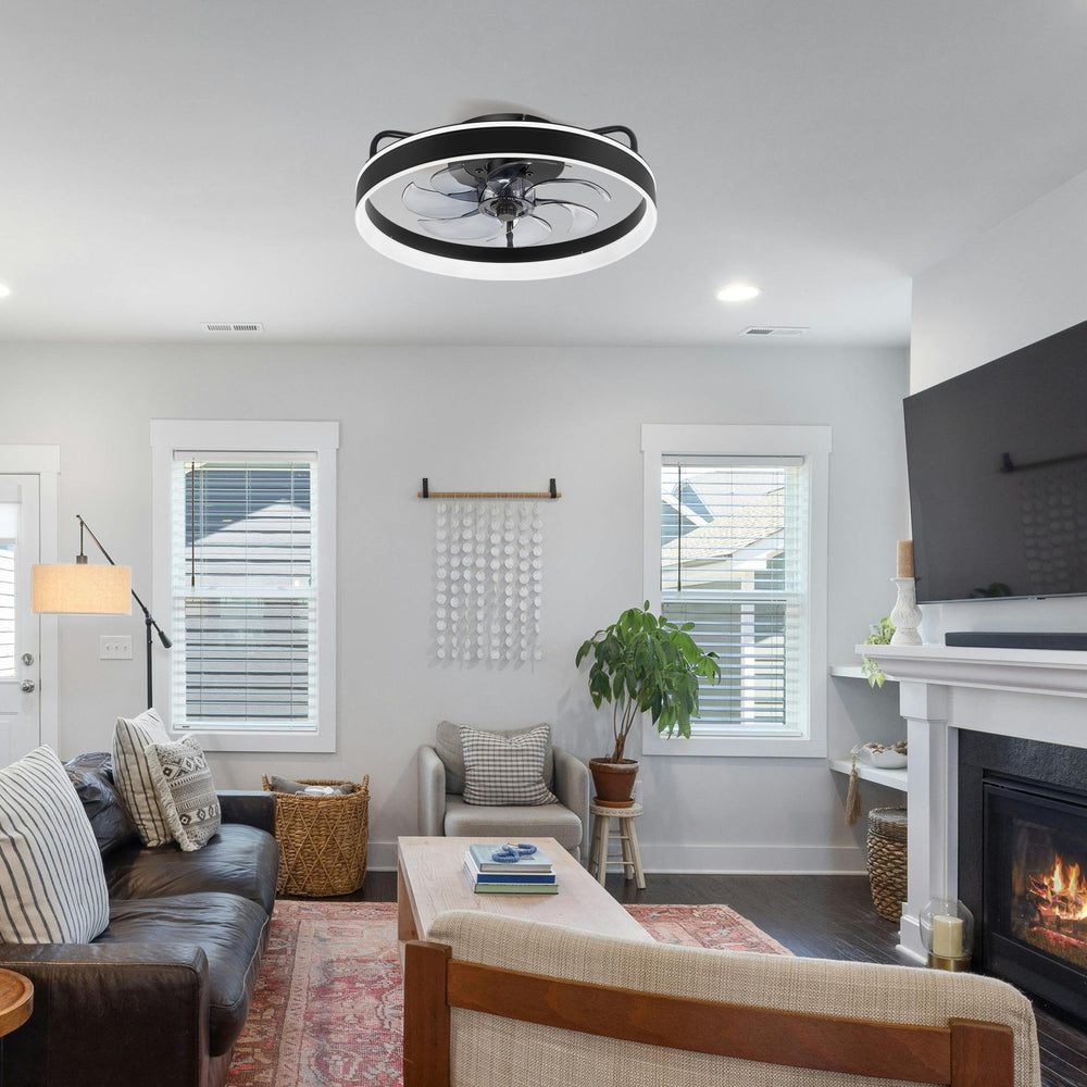 20 inch Black Caged Ceiling Fans with Lights, Low Profile Flush Mount Enclosed Ceiling Fan Remote Control, Reversible DC Motor, Modern Bladeless Ceiling Fan with Led Light for Bedroom