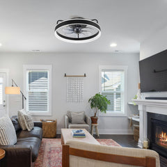 20 inch Black Caged Ceiling Fans with Lights, Low Profile Flush Mount Enclosed Ceiling Fan Remote Control, Reversible DC Motor, Modern Bladeless Ceiling Fan with Led Light for Bedroom