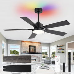 52" Ceiling Fan with RGB Ambient Light, Matte Black Finish, 5 Reversible Blades, Integrated 24W LED (3 Color Temps + Full-Color RGB), Quiet Energy-Saving DC Motor, 6 Speeds with Timer, Remote Control, Forward/Reverse Airflow, Includes 5" & 10" Downrods