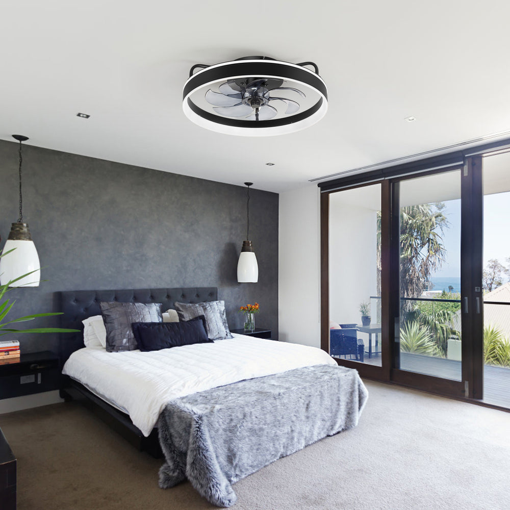 20 inch Black Caged Ceiling Fans with Lights, Low Profile Flush Mount Enclosed Ceiling Fan Remote Control, Reversible DC Motor, Modern Bladeless Ceiling Fan with Led Light for Bedroom