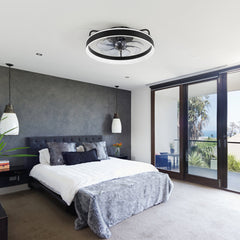 20 inch Black Caged Ceiling Fans with Lights, Low Profile Flush Mount Enclosed Ceiling Fan Remote Control, Reversible DC Motor, Modern Bladeless Ceiling Fan with Led Light for Bedroom