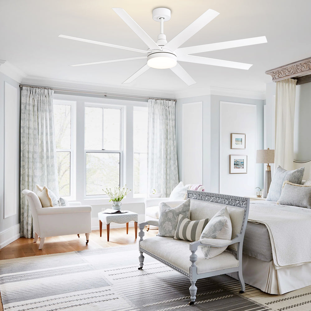 AeroSpan Lux 65-inch white 8-blade ceiling fan in a bright modern bedroom