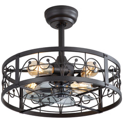 20-inch Matte Black Metal Caged Ceiling Fan with Light and Remote,7 ABS Blades,4in and 8in Downrod Included