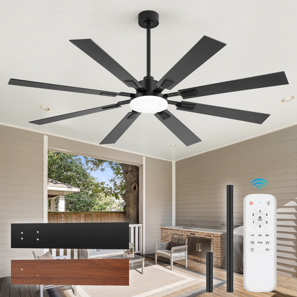 Breezary 72" 8-Blade Silent DC Motor Ceiling Fan with Integrated LED Light - Black