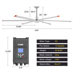 144" HVLS Ceiling Fan, Oversized Industrial Ceiling Fan for Warehouses & Gyms, DC Motor, No Light with 6 Heavy-Duty Aluminum Blades, High Airflow, Silver Finish,Wired Wall-Mounted Controller