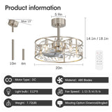 20 Inch Caged Ceiling Fan with Light, Satin Nickel Ceiling Fan with Remote,Compatible with 5*E12 Base Bulbs(Not Included), Quiet DC Motor, 6-Speed Remote Control, Reversible Airflow, Includes 6” & 10” Downrods