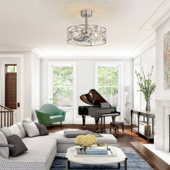 20 Inch Caged Ceiling Fan with Light, Satin Nickel Ceiling Fan with Remote,Compatible with 5*E12 Base Bulbs(Not Included), Quiet DC Motor, 6-Speed Remote Control, Reversible Airflow, Includes 6” & 10” Downrods