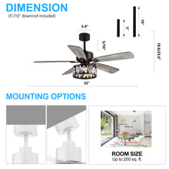 52-in 5 Reversible Blades Crystal Indoor Ceiling Fan With Remote Control and Light Kit Included