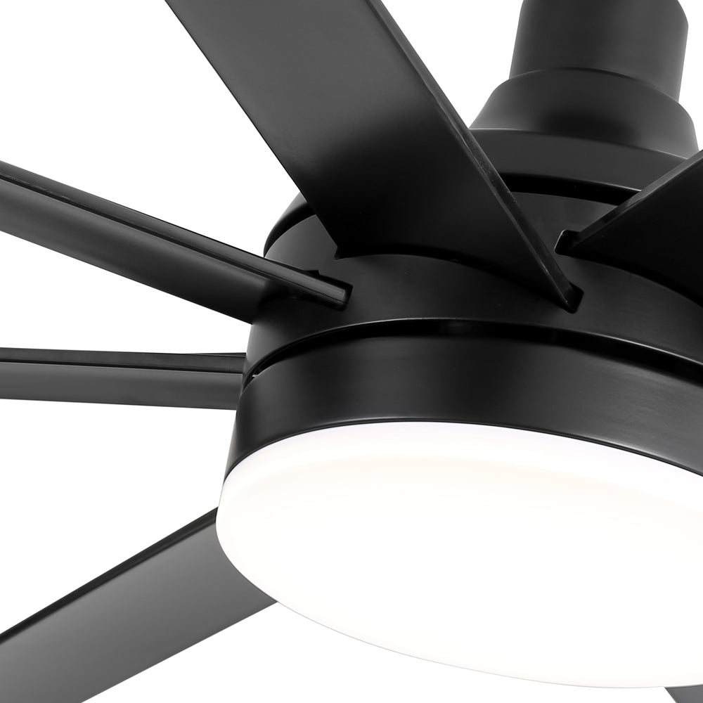 AeroSpan Lux 65-inch black 8-blade ceiling fan with blade connection, housing structure and light design detail