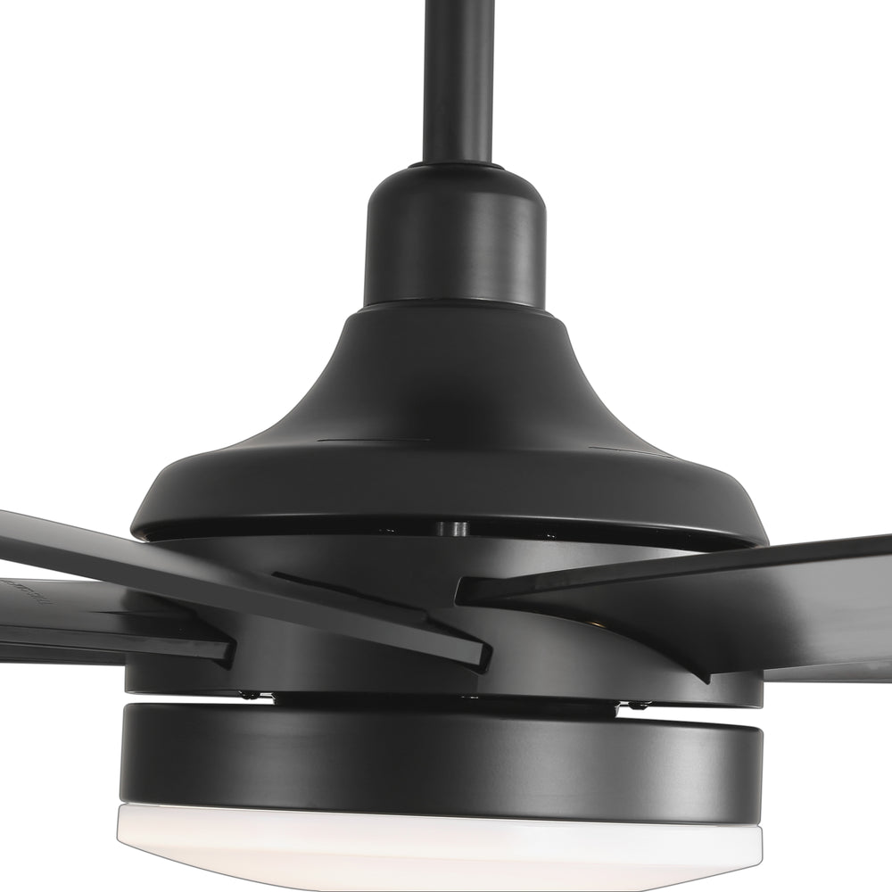 AeroSpan Lux 65-inch black 8-blade ceiling fan with motor housing, blade connection and light structure detail