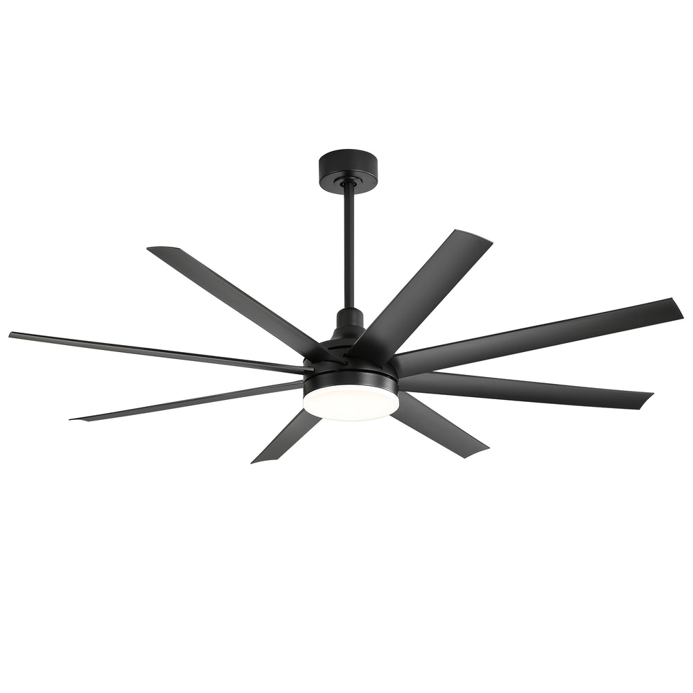 AeroSpan Lux 65-inch black 8-blade ceiling fan with long downrod and overall design