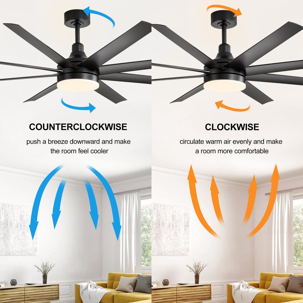 AeroSpan Lux 65-inch black 8-blade ceiling fan with clockwise and counterclockwise airflow function