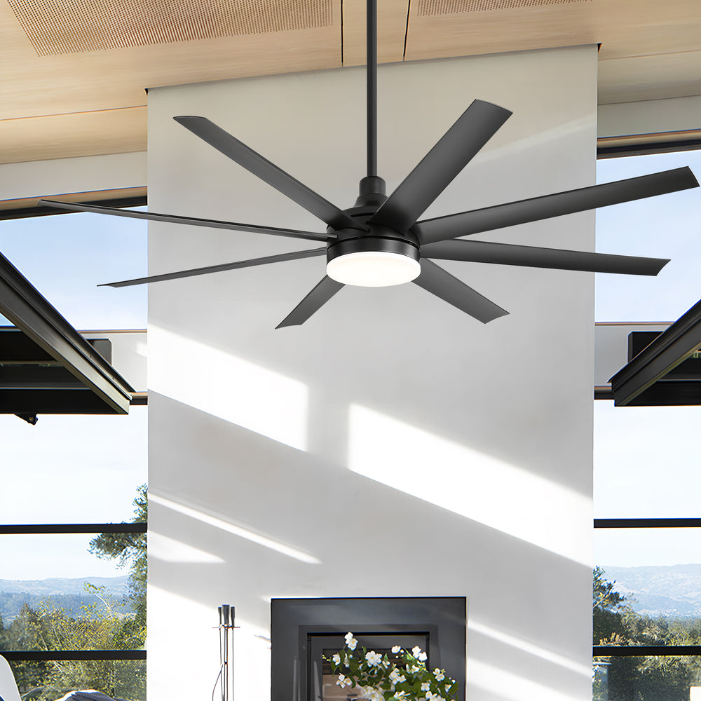 AeroSpan Lux 65-inch black 8-blade ceiling fan in a modern high ceiling living space