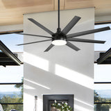 AeroSpan Lux 65-inch black 8-blade ceiling fan in a modern high ceiling living space