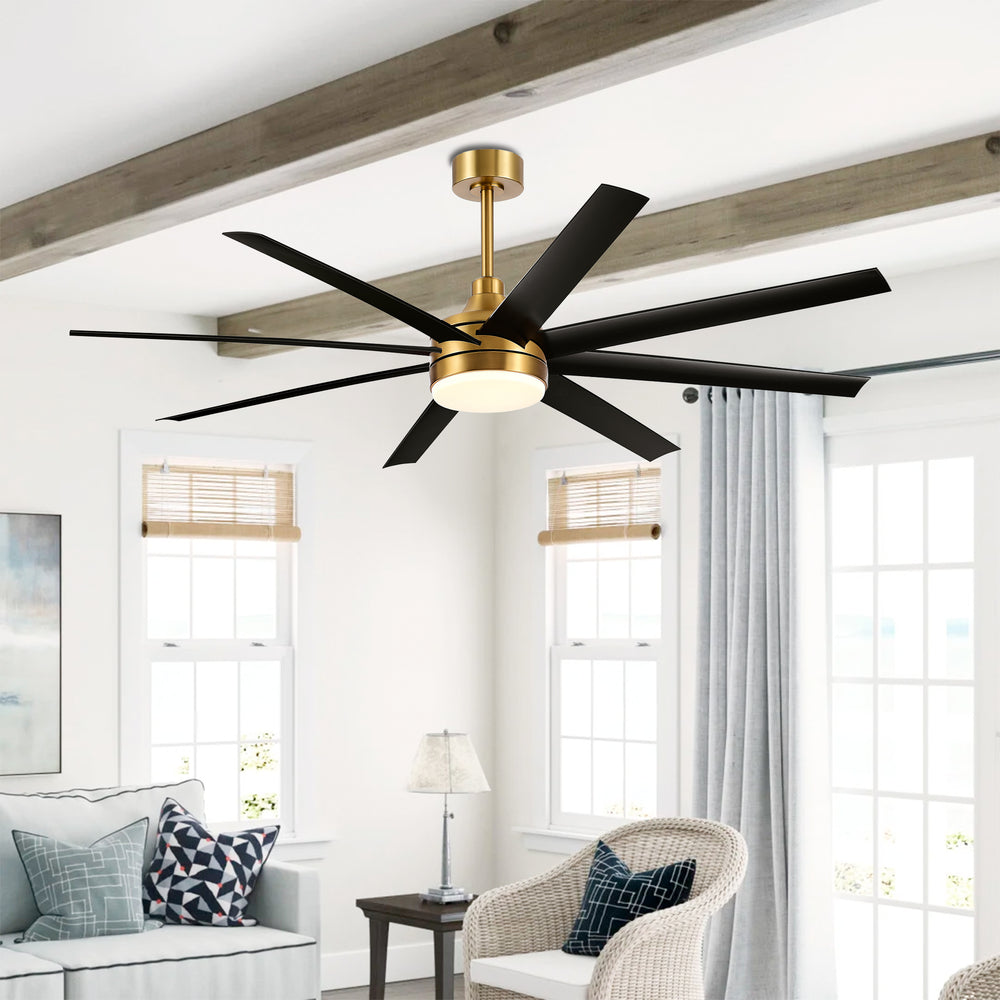 AeroSpan Lux 65-inch gold and black 8-blade ceiling fan in a modern living room