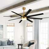 AeroSpan Lux 65-inch gold and black 8-blade ceiling fan in a modern living room